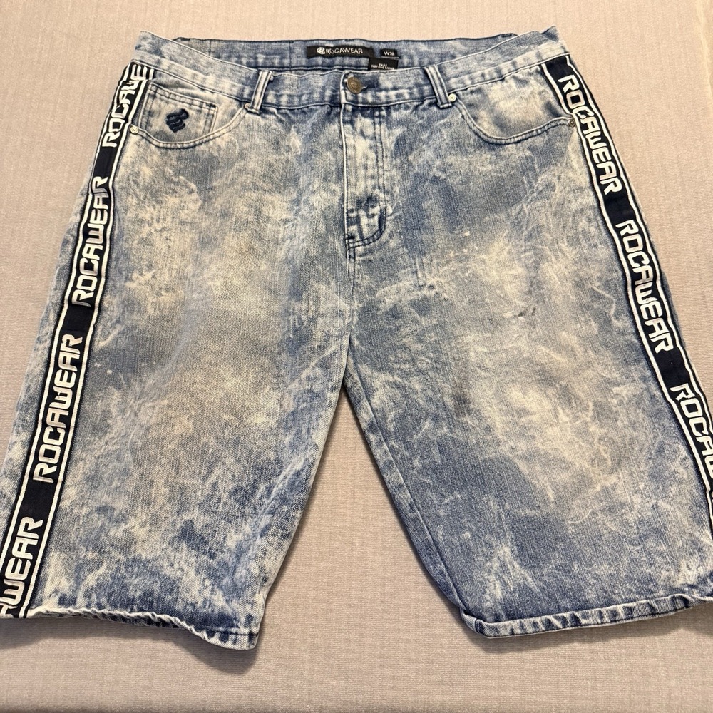 Rocawear Mens W38 Denim Shorts Acid Wash Logo Tape Y2K Hip Hop Baggy